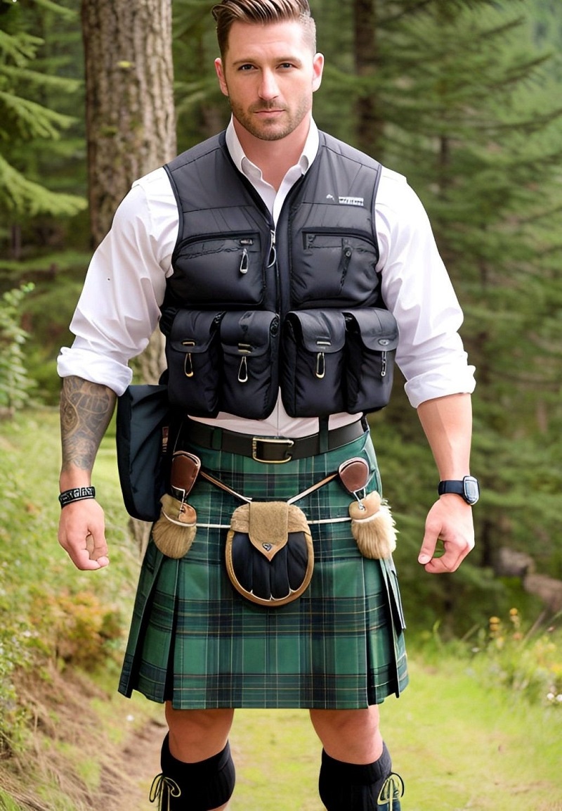 Young smart man wearing tactical kilt