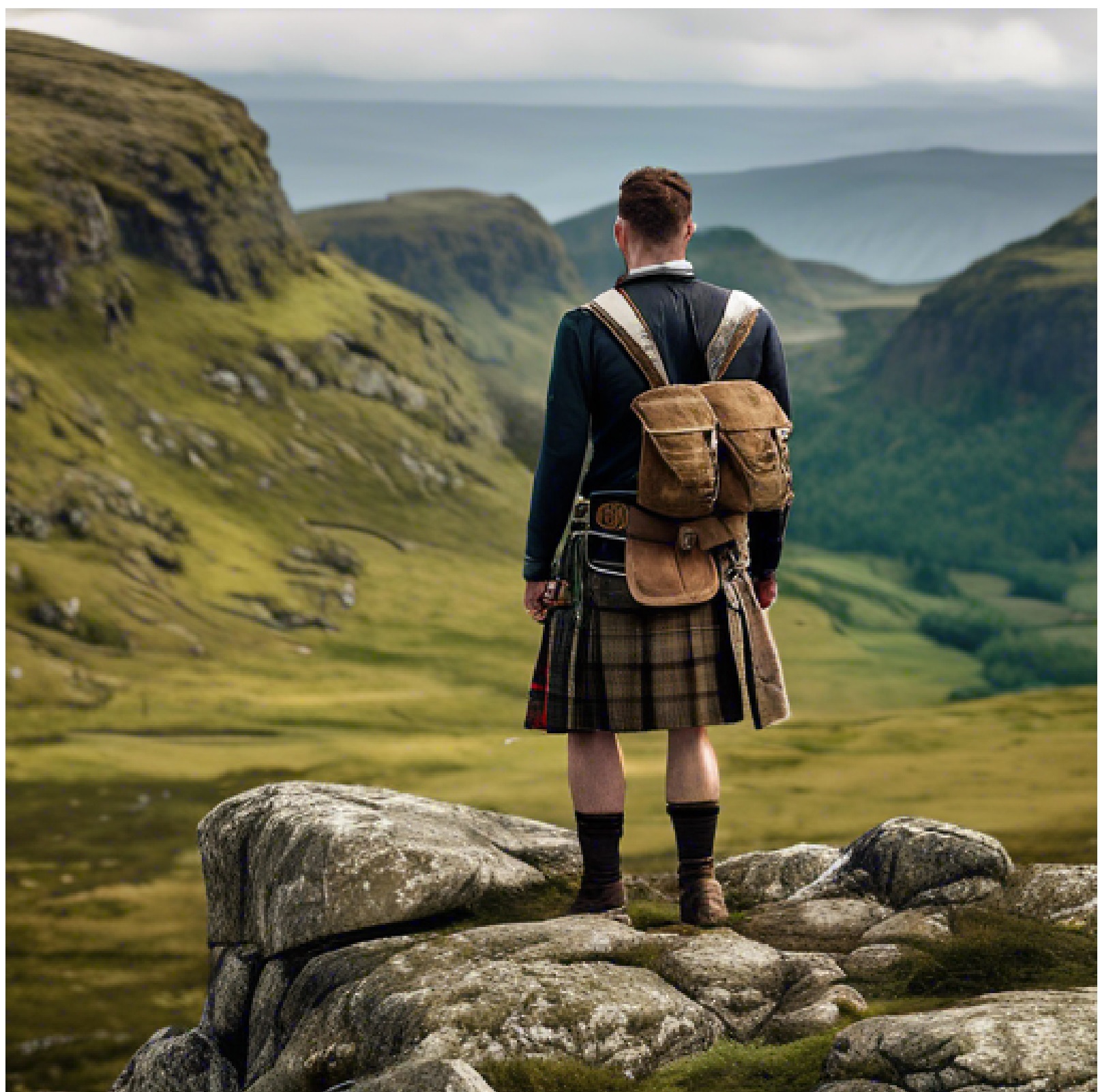 Man in Hiking kilt looking down the valley.